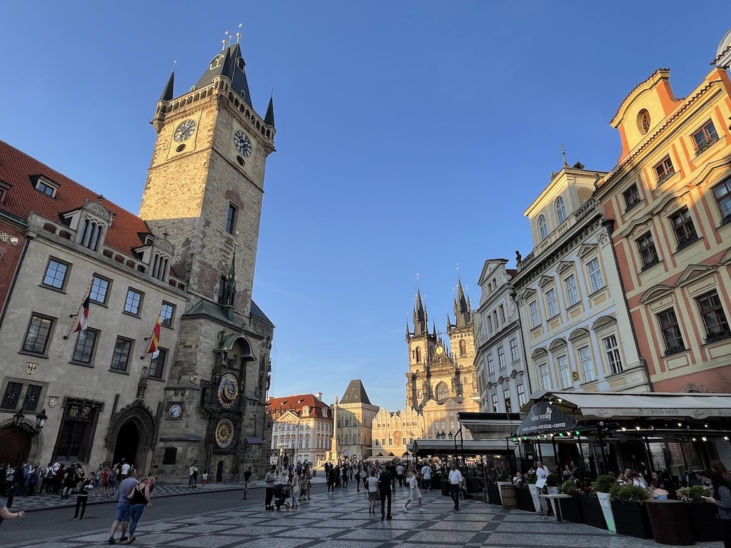 Photo looking toward Prague's Old Town square with the famous Astronomical Clock on the left.